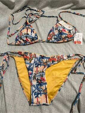 Floral Yellow Panel Triangle Bikini - Women Swim Bikini